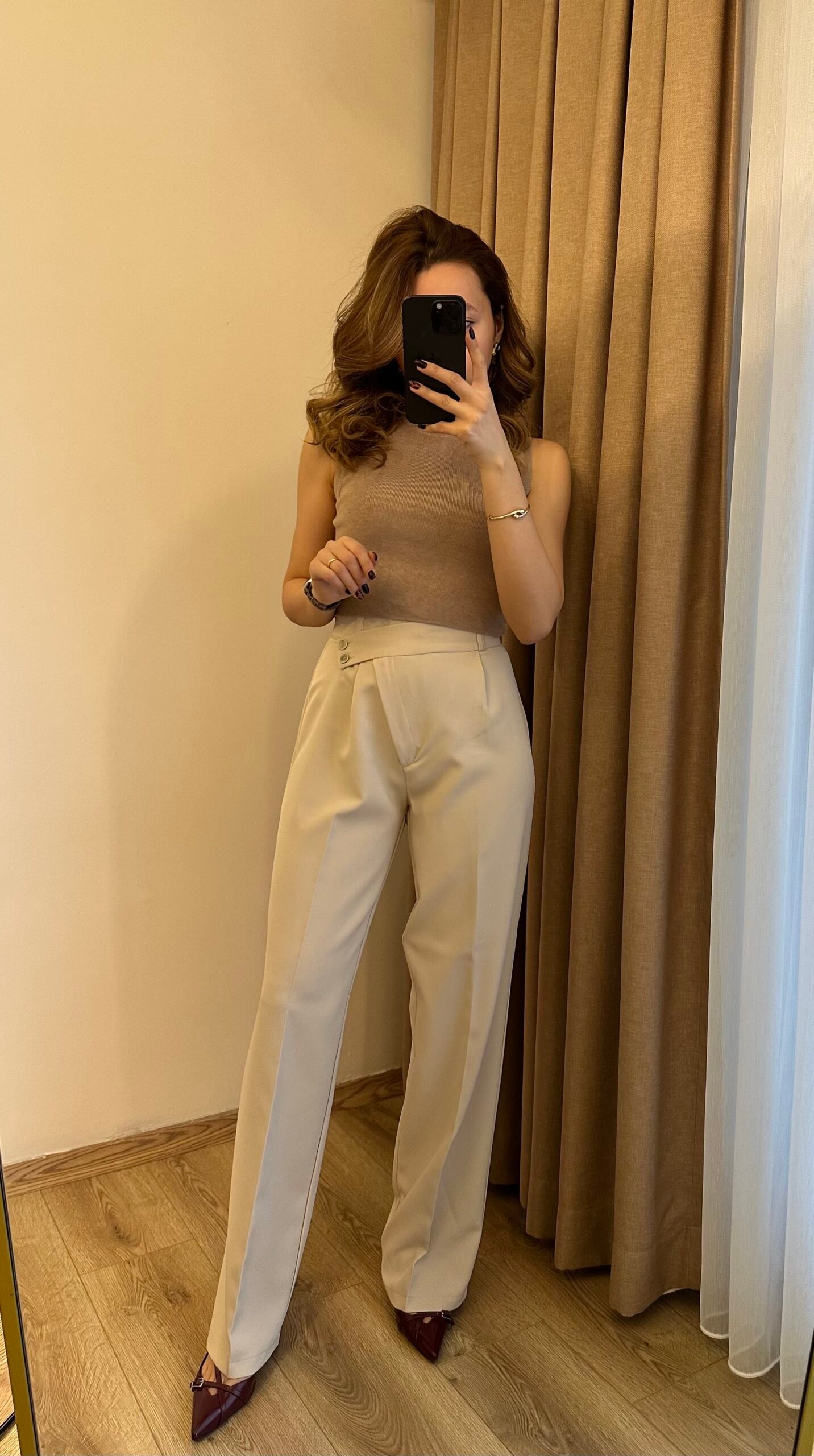 Çapraz Düğme Detaylı Krem Palazzo Pantolon