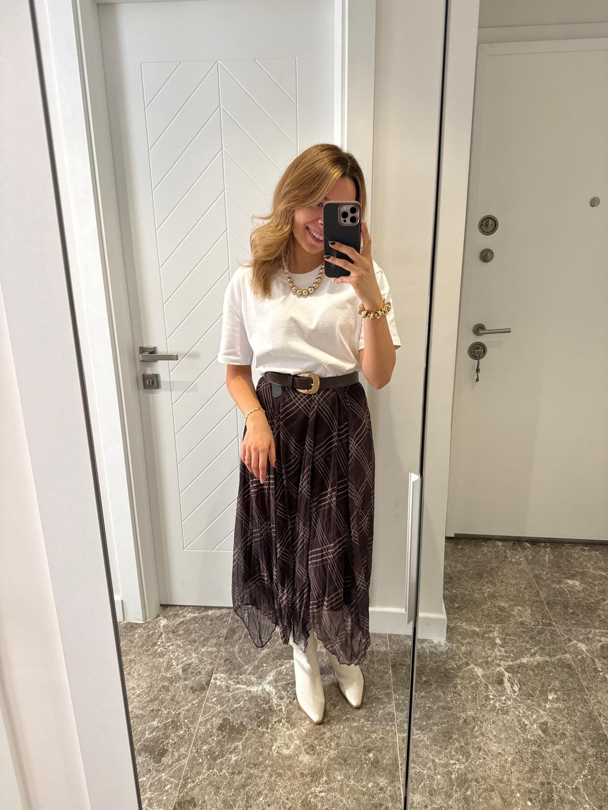 Kahverengi Desenli Midi Etek